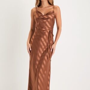 Lulus Sleek Sophisticate Bronze Satin Striped Backless Cowl Maxi Dress Brown